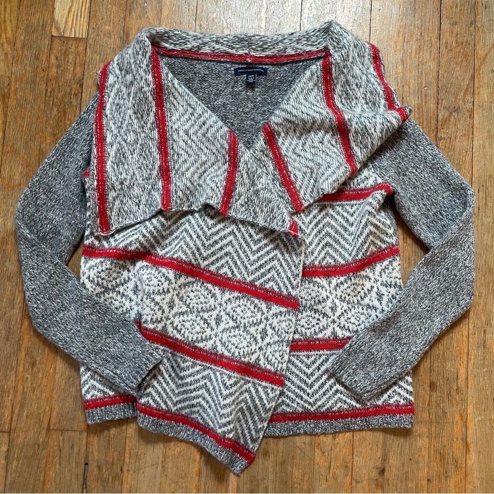 American Eagle Womens Grey & Red Open Front Cardigan Sweater ~ sz XS